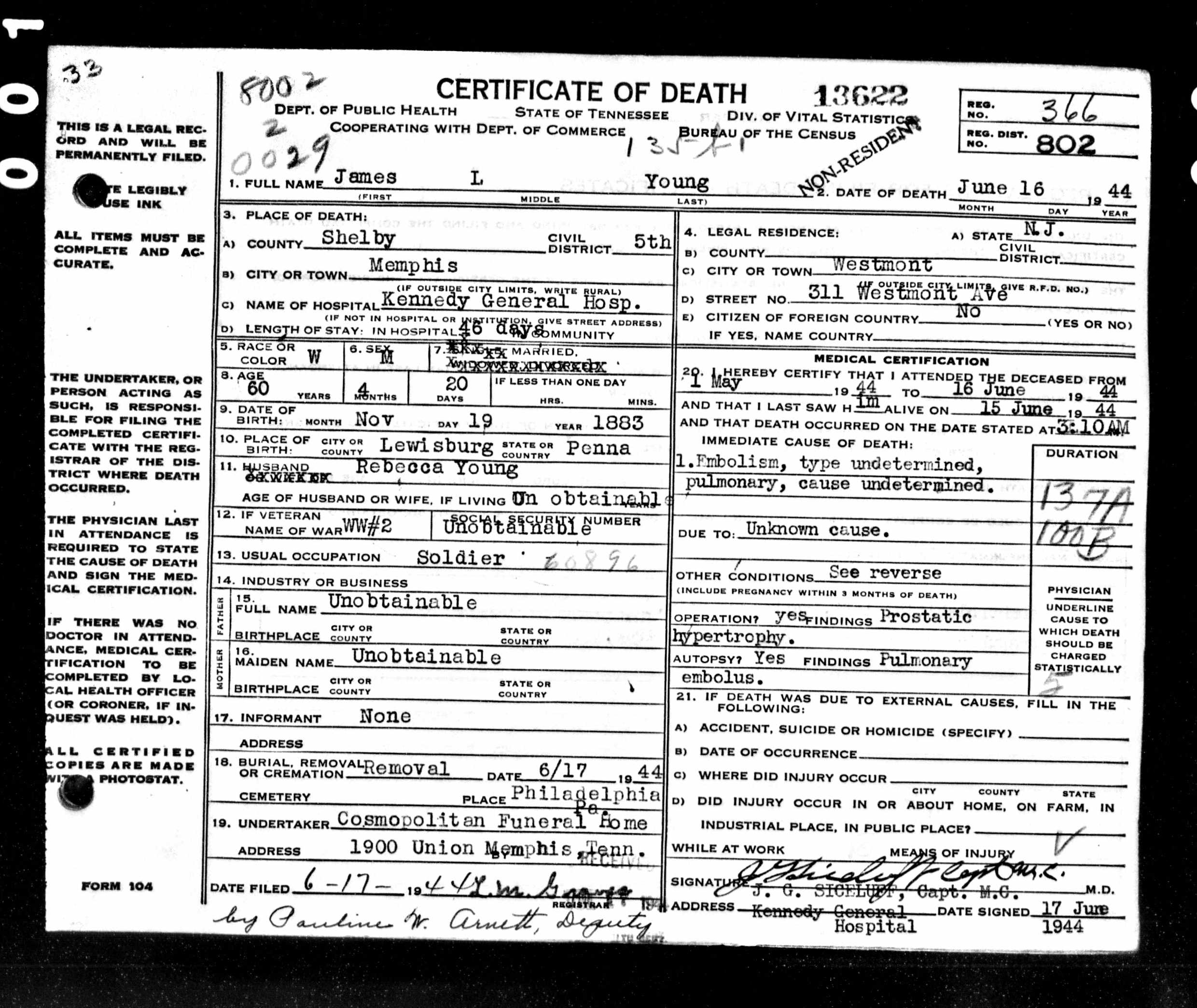 Death certificate for James L. Young
