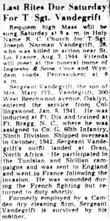 Camden Courier-Post, June 1, 1949 — Last Rites Due Saturday For T Sgt. Vandegrift