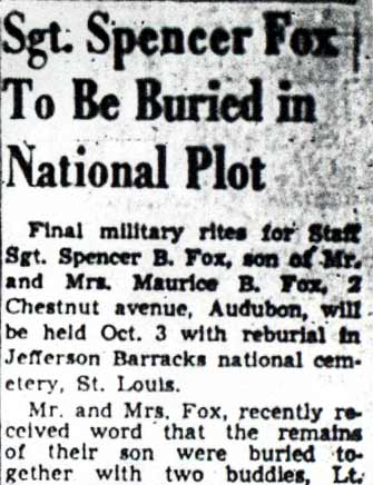 Camden Courier-Post, September 24, 1949 — Sgt. Spencer Fox To Be Buried in National Plot (part 1)