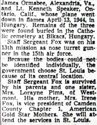 Camden Courier-Post, September 24, 1949 — Sgt. Spencer Fox To Be Buried in National Plot (part 2)