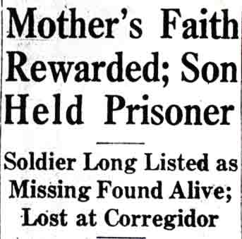 Mother's Faith Rewarded; Son Held Prisoner — headline, Camden Courier-Post, June 3, 1944