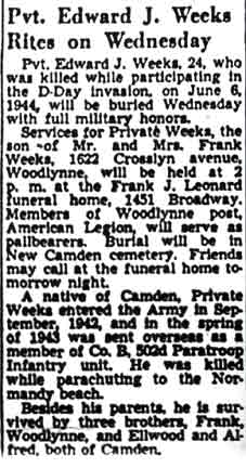 Pvt. Edward J. Weeks Rites on Wednesday, Camden Courier-Post, July 19, 1948