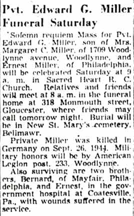 Pvt. Edward G. Miller Funeral Saturday, Camden Courier-Post, December 6, 1948