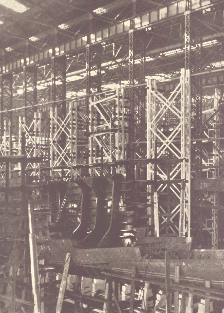 Early stage of hull construction of a passenger liner, New York Shipbuilding Corporation, 1921