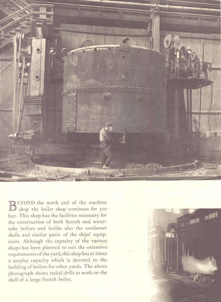 Radial drills at work on the shell of a large Scotch boiler in the boiler shop, New York Shipbuilding Corporation, 1921