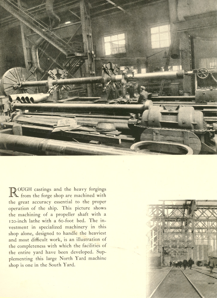 Machining a propeller shaft with a 120-inch lathe at New York Shipbuilding Corporation, 1921