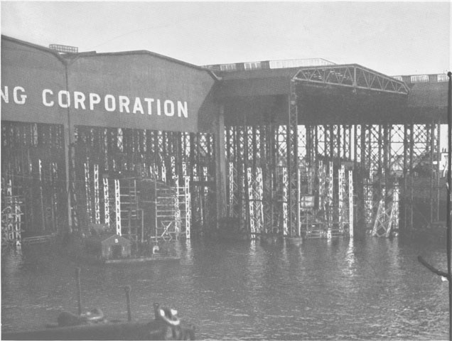 Ship launching at New York Shipbuilding Corporation, showing the extensive waterfront, 1921