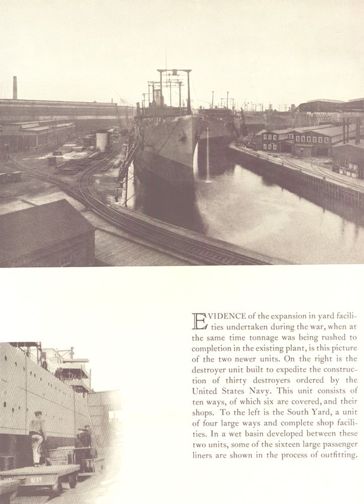 The destroyer unit and South Yard with sixteen large passenger liners outfitting in the wet basin, New York Shipbuilding Corporation, 1921