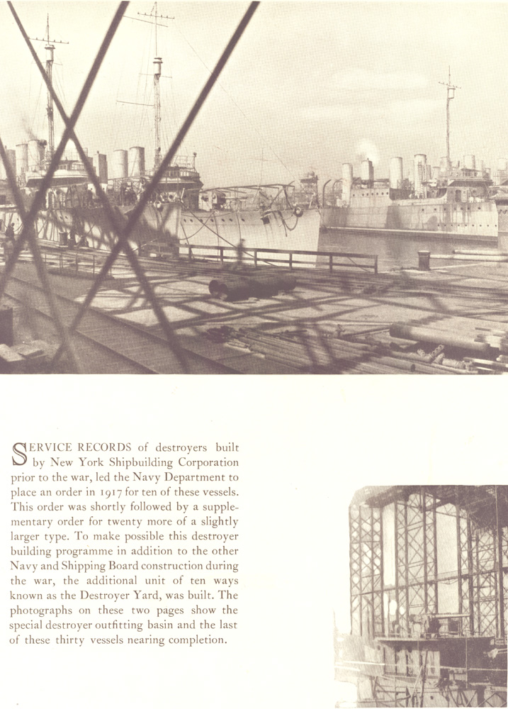 Destroyer outfitting basin with the last of thirty destroyers nearing completion, New York Shipbuilding Corporation, 1921