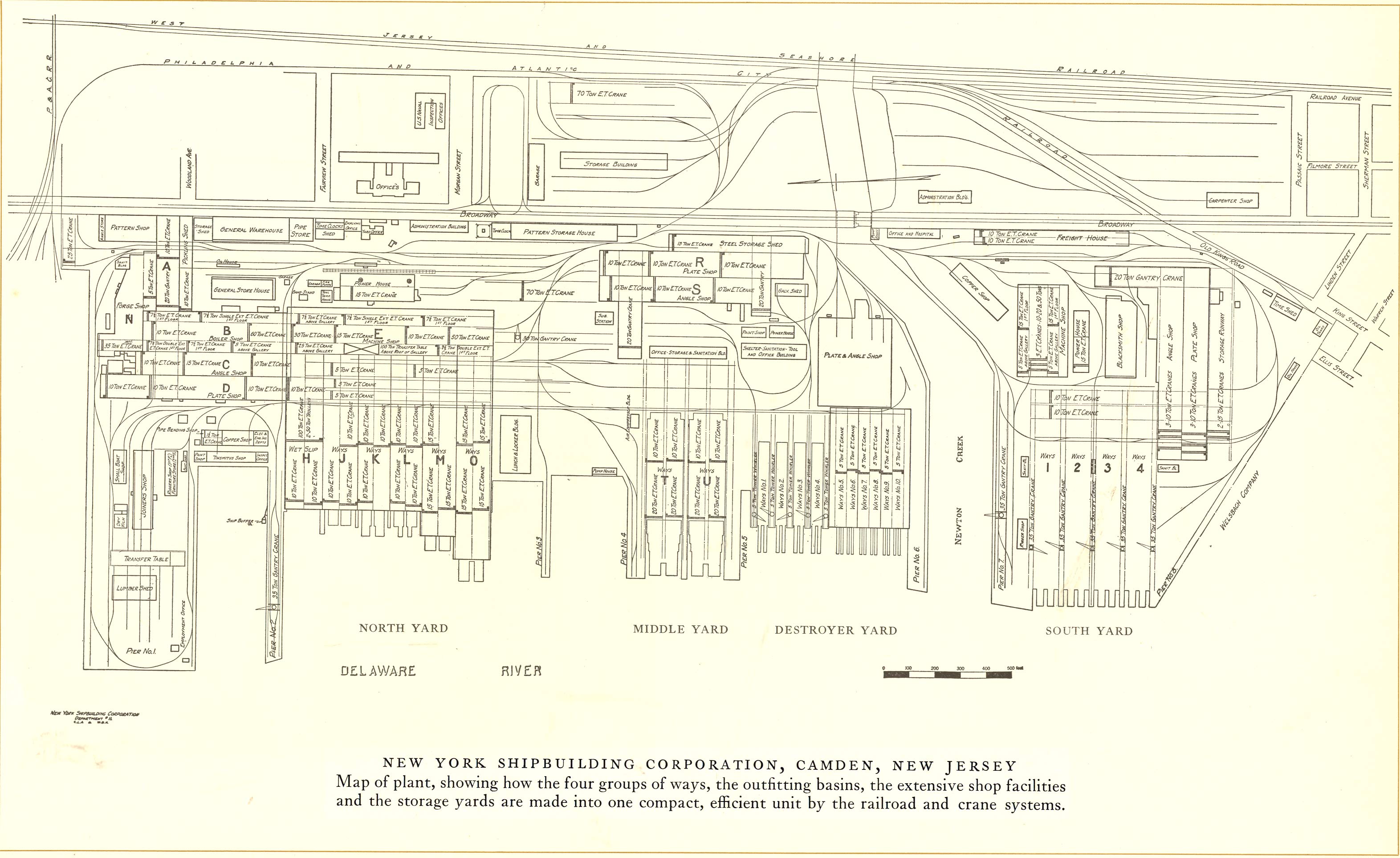 Map of the New York Shipbuilding Corporation plant in Camden, New Jersey, showing ways, outfitting basins, shops, and storage yards, 1921