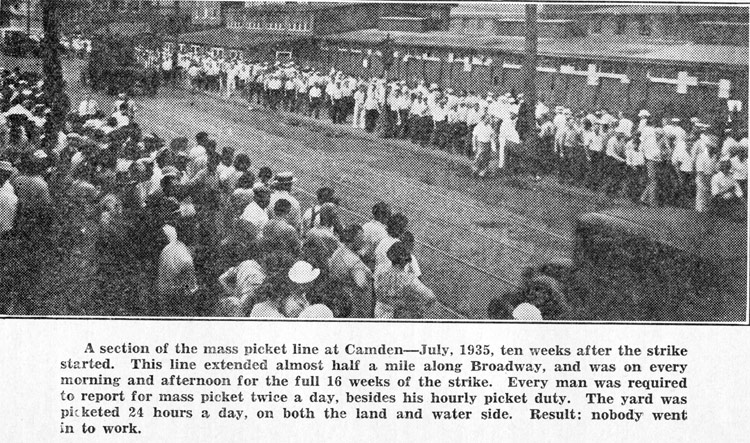 A section of the mass picket line at Camden, July 1935, during the second Camden shipyard strike