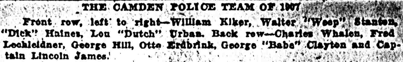 The Camden Police Team of 1907 — caption listing player names