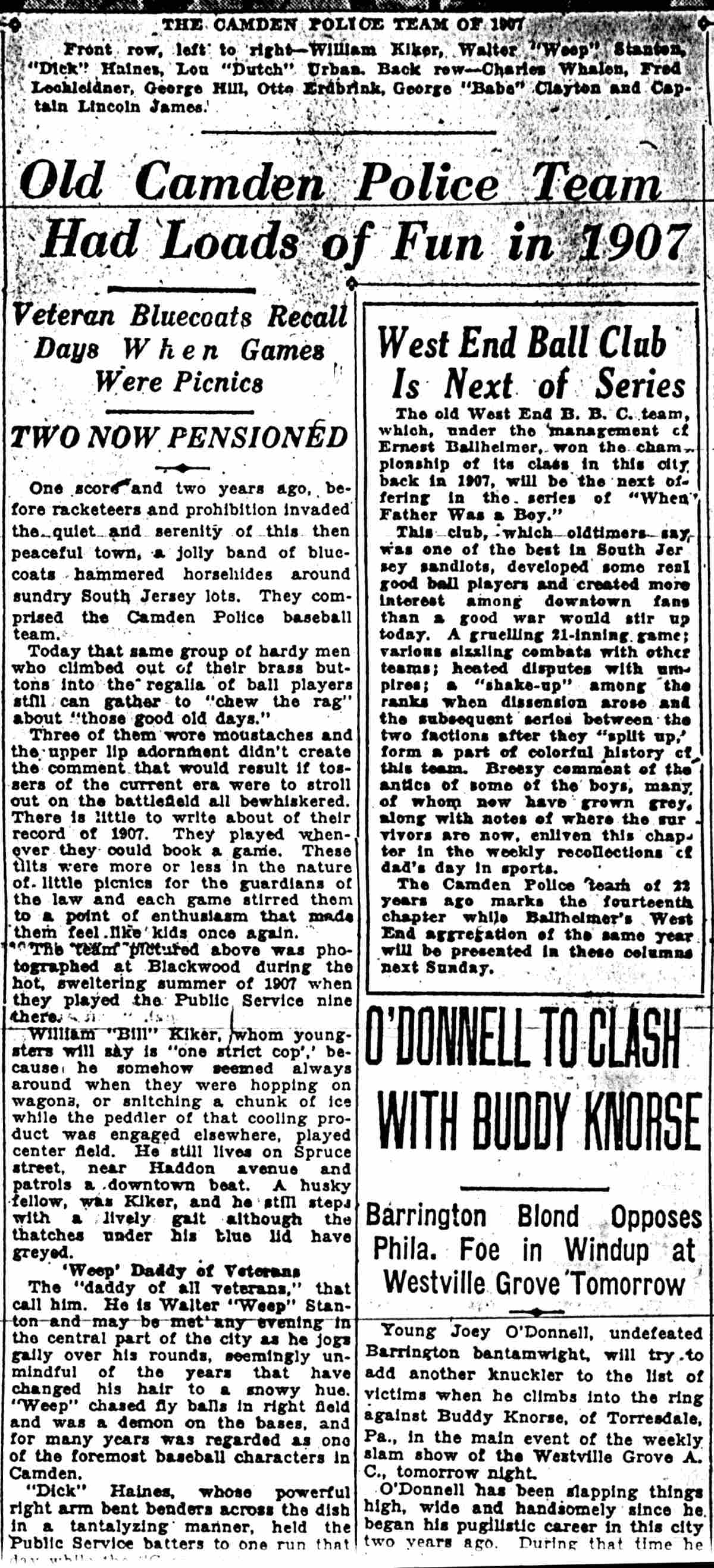 Full newspaper page: Old Camden Police Team Had Loads of Fun in 1907, Camden Courier-Post June 23, 1929