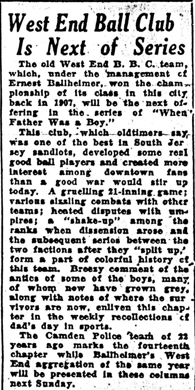 West End Ball Club Is Next of Series, Camden Courier-Post June 23, 1929