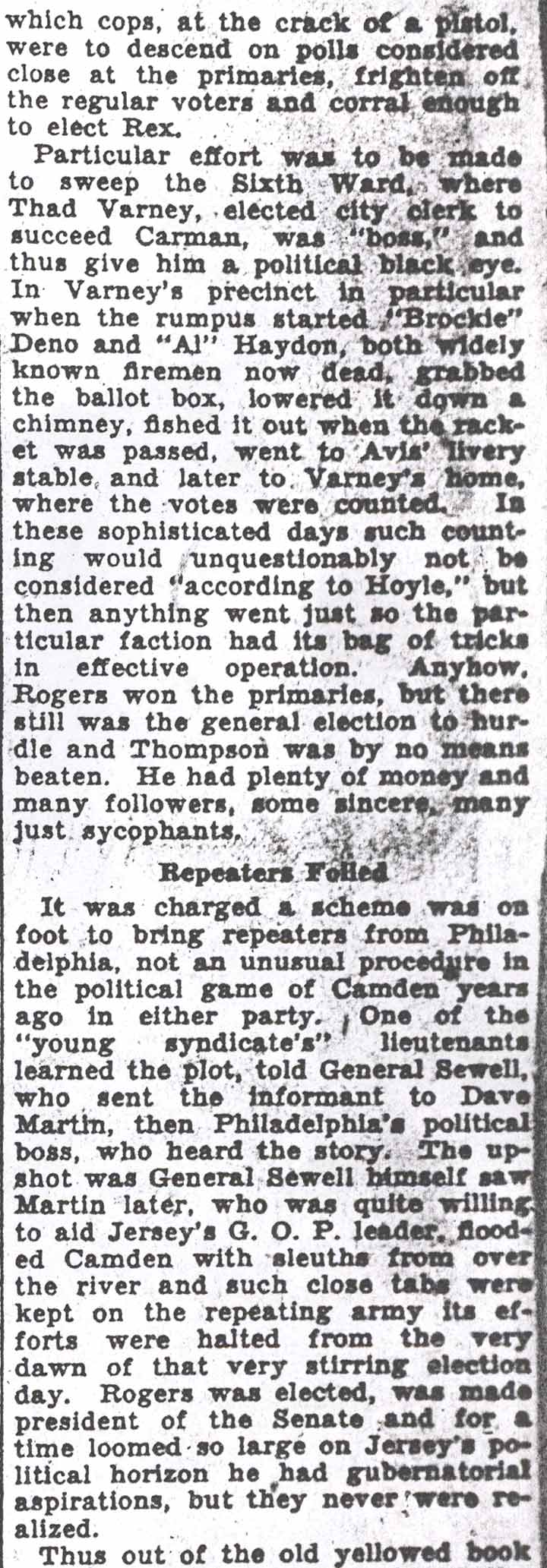 Camden Courier-Post: The Young Syndicate by Ben Courter, part 4, mentioning Brockie Deno
