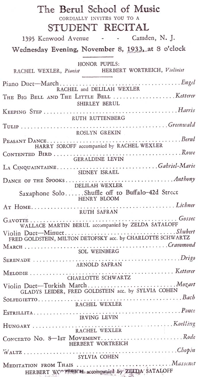 Berul School of Music student recital program, November 8, 1933