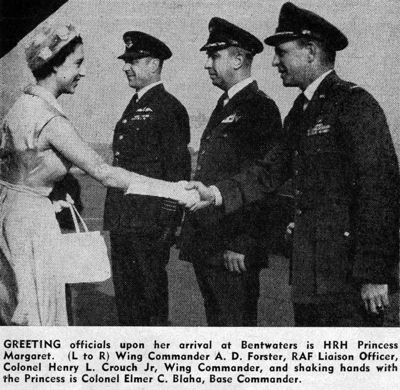 Colonel Elmer C. Blaha shaking hands with HRH Princess Margaret at RAF Bentwaters