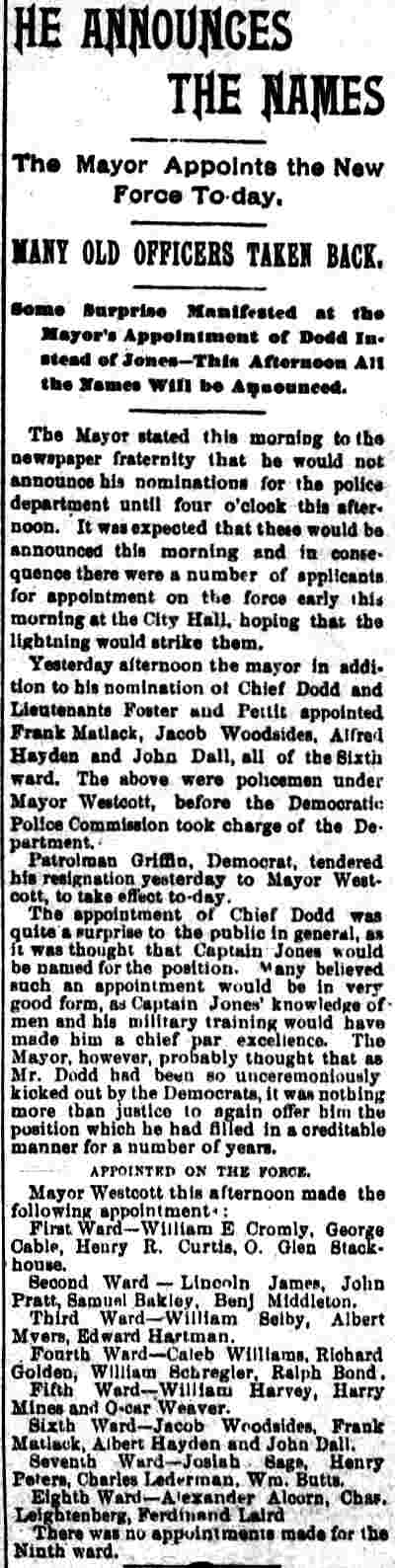 Camden Daily Telegram, March 30, 1894 — He Announces the Names, police department appointments