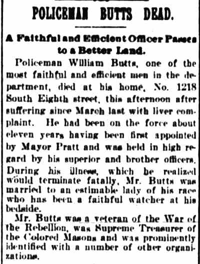 Camden Post-Telegram, July 27, 1899 — Policeman Butts Dead — A Faithful and Efficient Officer Passes to a Better Land