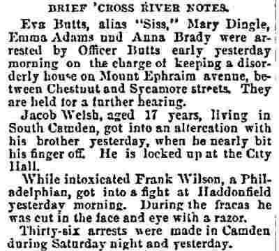 Philadelphia Inquirer, July 28, 1890 — Brief Cross River Notes — Officer Butts arrests disorderly house