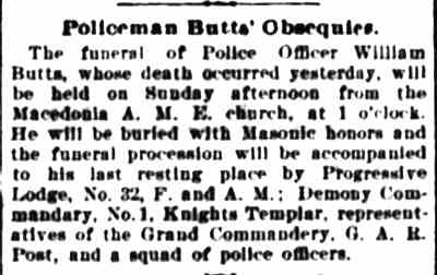 Camden Post-Telegram, July 28, 1899 — Policeman Butts' Obsequies — funeral arrangements