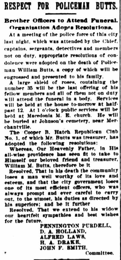 Camden Post-Telegram, July 29, 1899 — Respect for Policeman Butts — police resolutions and Cooper B. Hatch Club resolutions
