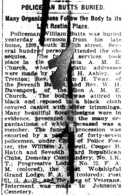 Camden Daily Courier, July 31, 1899 — Policeman Butts Buried — page 1