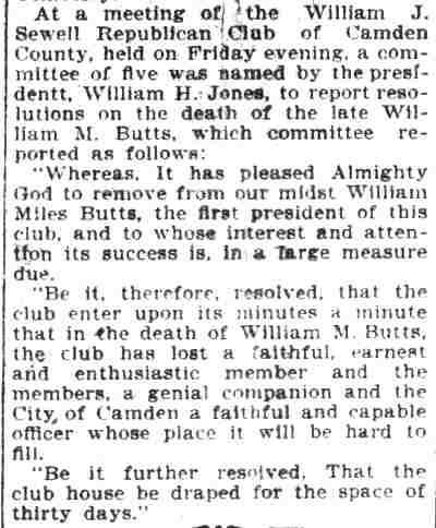 Camden Daily Courier, July 31, 1899 — Policeman Butts Buried — page 2, Sewell Club resolutions