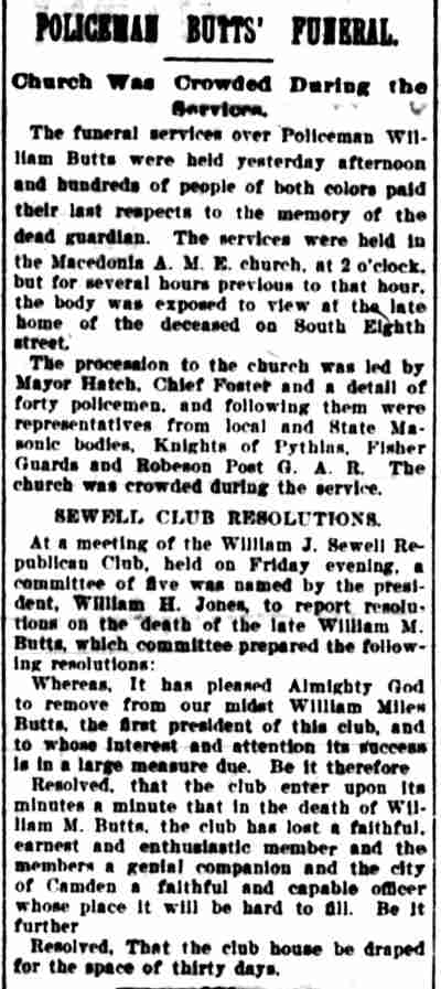 Policeman Butts’ Funeral - Camden Post-Telegram, July 31, 1899