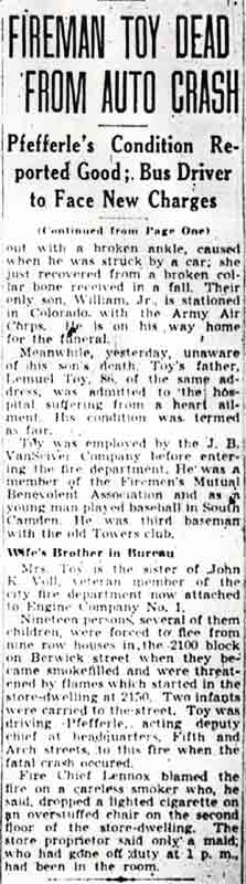 Fireman Toy Dead From Auto Crash — continued from page one