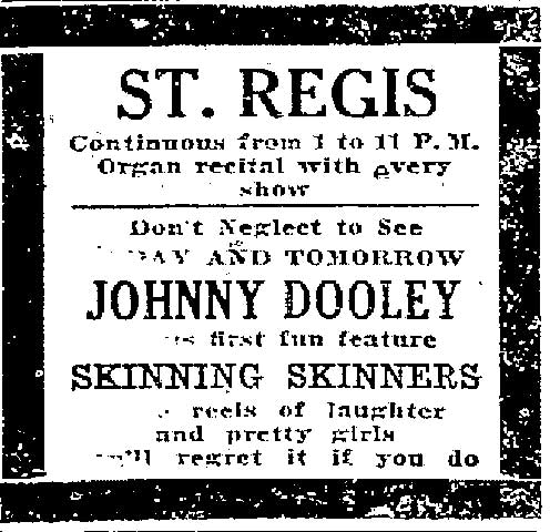 St. Regis theatre advertisement for Johnny Dooley in Skinning Skinners, Trenton Times, October 13, 1920