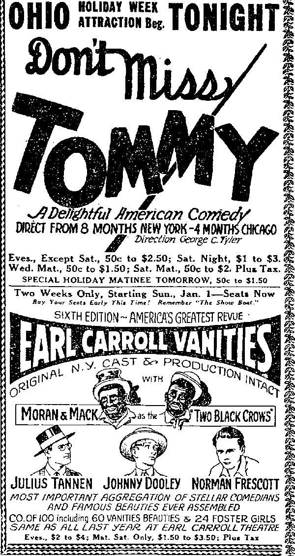 Earl Carroll Vanities advertisement featuring Johnny Dooley, Cleveland Plain Dealer, December 25, 1927