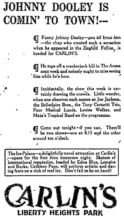 Carlin's Liberty Heights Park advertisement featuring Johnny Dooley, Baltimore Sun, April 7, 1921
