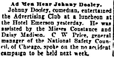 Baltimore Sun article about Johnny Dooley entertaining the Advertising Club, July 14, 1921