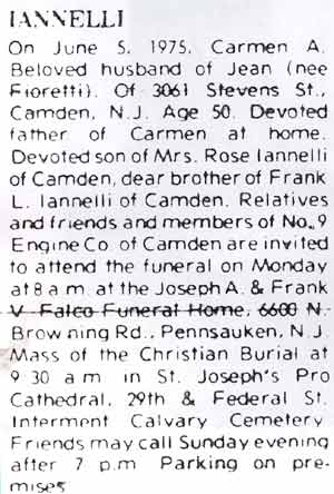 Obituary notice for Carmen A. Iannelli, June 5, 1975
