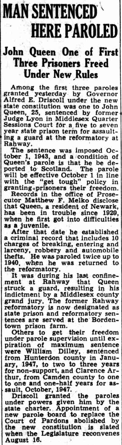 The Central New Jersey Home News, July 15, 1948 — Clarence Arthur parole article, page 1