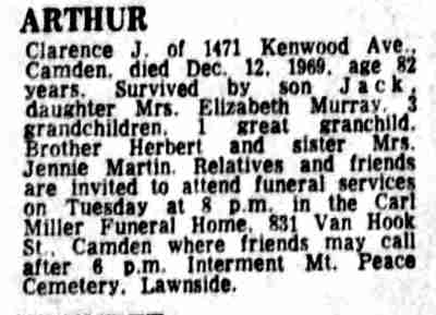 Camden Courier-Post, December 25, 1969 — Clarence Arthur obituary notice