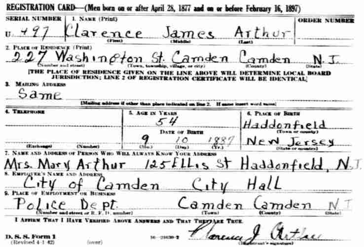 Clarence Arthur World War II Draft Card