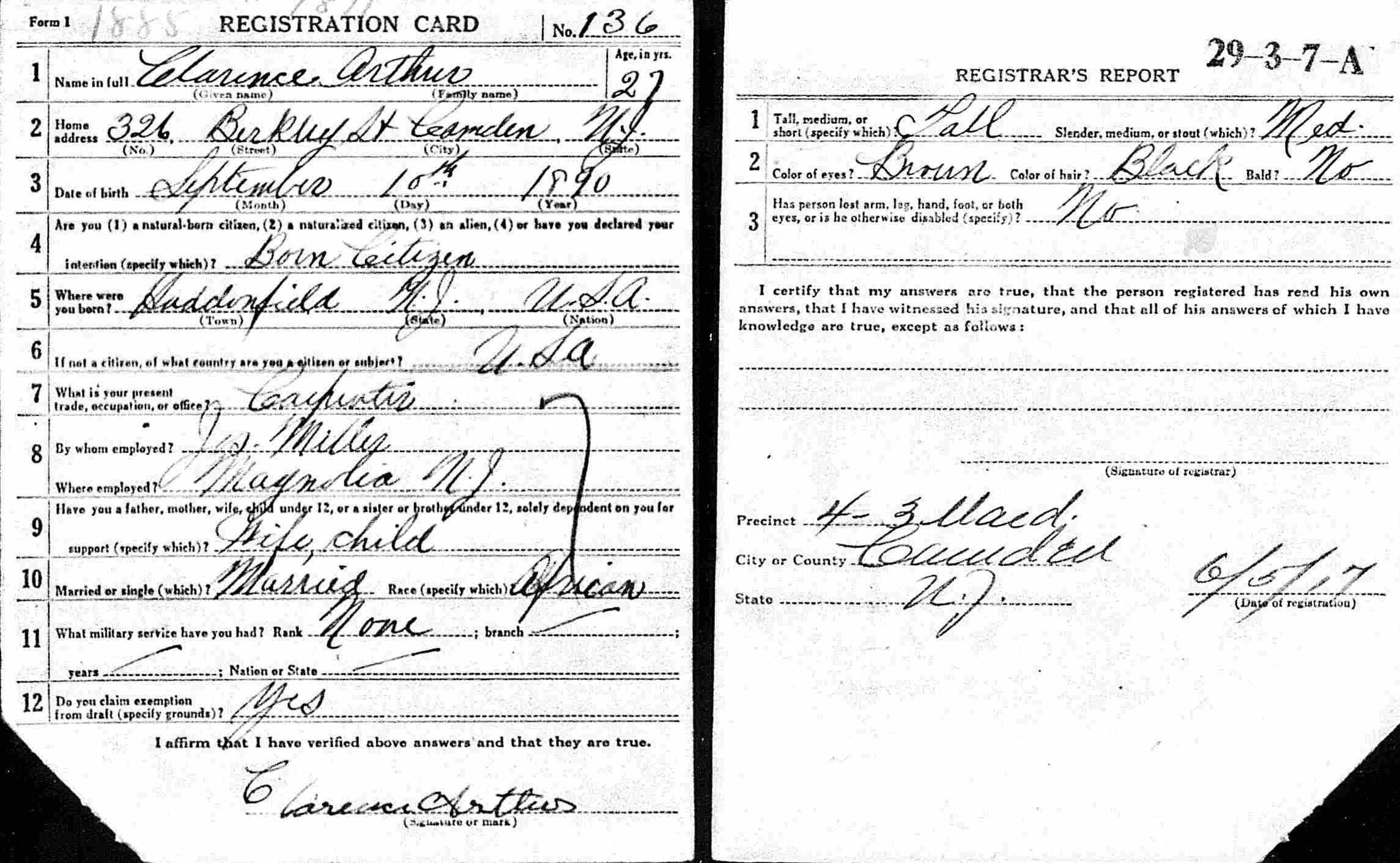 Clarence Arthur World War I Draft Card, front