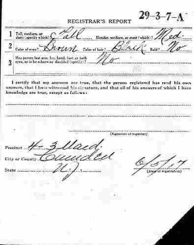 Clarence Arthur World War I Draft Card, back