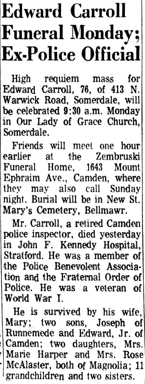 Camden Courier-Post, October 10, 1969 — obituary clipping for Edward Carroll