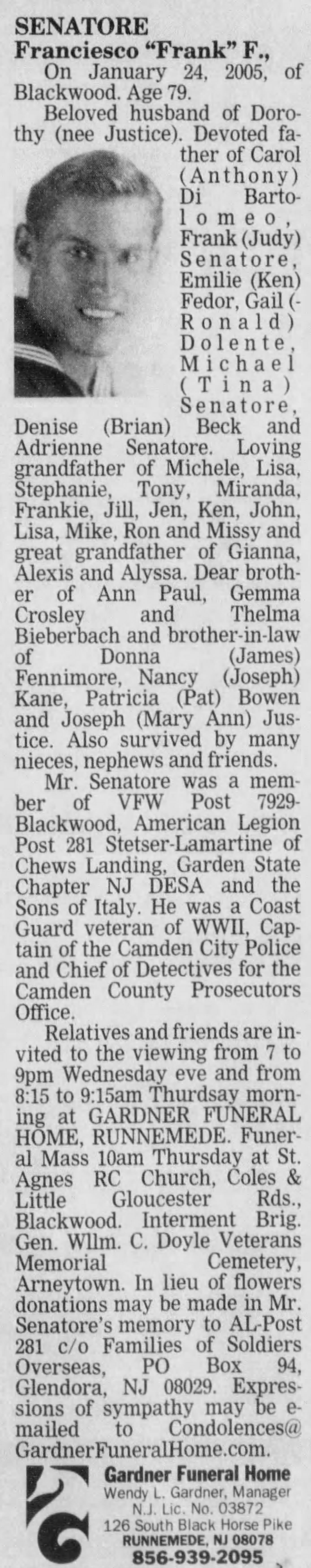 Frank Senatore obituary, January 26, 2005