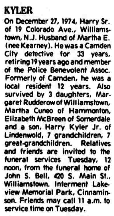 Camden Courier-Post December 30, 1974 death notice