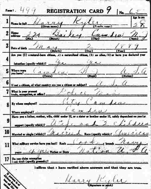 Harry Kyler World War I draft card, front