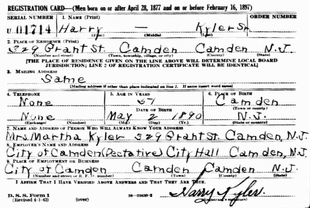 Harry Kyler World War II draft card