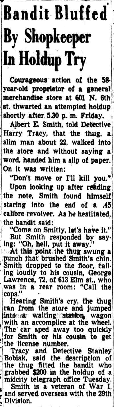 Camden Courier-Post, December 27, 1952 — Bandit Bluffed By Shopkeeper In Holdup Try