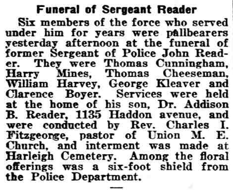 Philadelphia Inquirer, March 2, 1919 — Funeral of Sergeant Reader