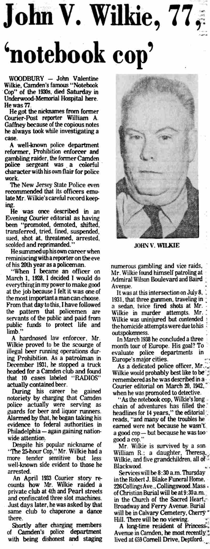 John V. Wilkie, 77, 'notebook cop', Camden Courier-Post, May 5, 1976
