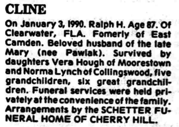 Death notice for Ralph H. Cline — Camden Courier-Post January 9, 1990