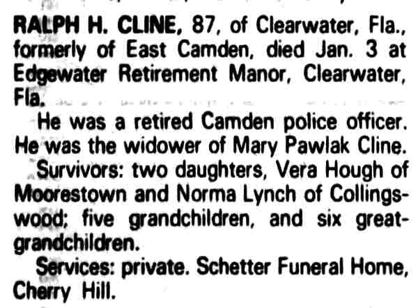 Obituary for Ralph H. Cline — Philadelphia Inquirer January 10, 1990
